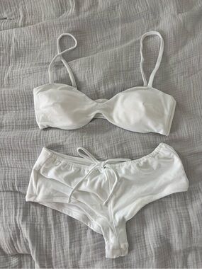 aerie White Textured Bandeau Bikini Top & Drawstring Shorts